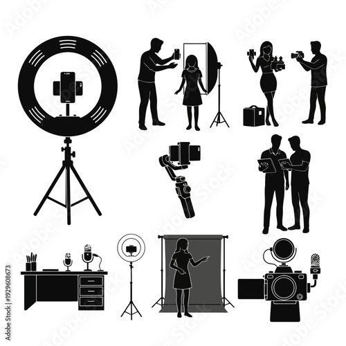 Black Silhouette Vector Icons of Photography and Film Production Equipment Including Camera, Lights, Tripod and Crew Activities
