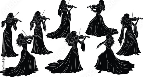 Elegant violinist silhouette collection, woman playing violin in flowing gown, classical music performance vector illustration isolated