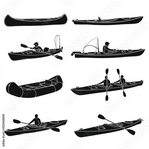 Black Silhouette Vector Icons of Boats, Canoes, Ships and Water Transportation Equipment