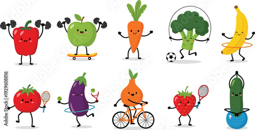 Kawaii cute fruit and vegetable characters exercising with dumbbells skipping rope hula hoop bicycle and sports gear for healthy lifestyle fitness vector illustration set
