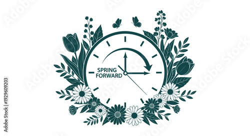 Spring Forward Daylight Saving Time Clock Floral Wreath Blooming Flowers Vector