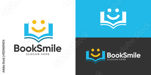 Creative simple book smile logo template. Open book with smile face logo design vector illustration.