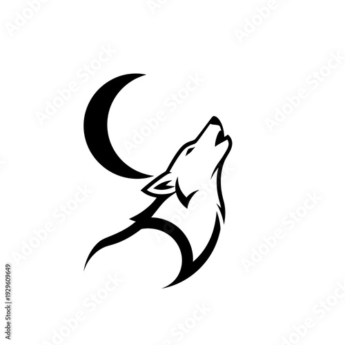 Wolf Howling at Crescent Moon Silhouette.