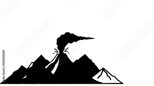 A black silhouette of a volcano erupting with dark smoke plumes
