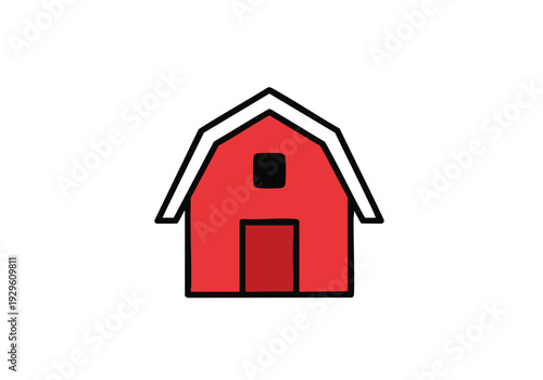 A simple red barn illustration with a dark doorway and a small window under the peak of the roof, evoking a sense of rustic charm and agricultural life on a plain white background
