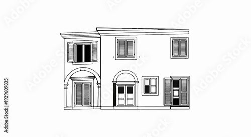 A black and white sketch depicts a two-story building with arched doorways and shutters