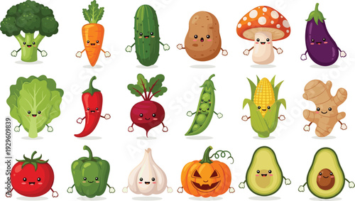 Large collection of cute vegetable characters featuring broccoli carrot cucumber potato mushroom eggplant chili pepper corn garlic pumpkin and avocado mascots for healthy food stickers