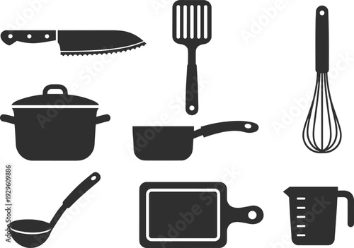 Collection of kitchen utensil icons featuring knife, spatula, whisk, pot, pan, ladle, cutting board, and measuring cup silhouettes on white background.