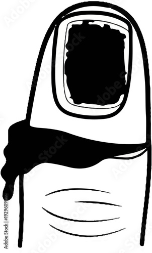 Stylized black ink drawing of a finger with a black square shape on its nail bed, dripping black