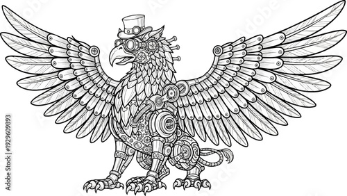 Detailed steampunk griffin illustration with top hat and goggles