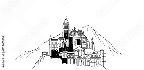 A detailed line drawing of a grand medieval-style complex nestled on a steep mountainside