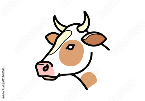 Friendly cartoon cow head illustration with brown patches and horns, perfect for farm or dairy related designs