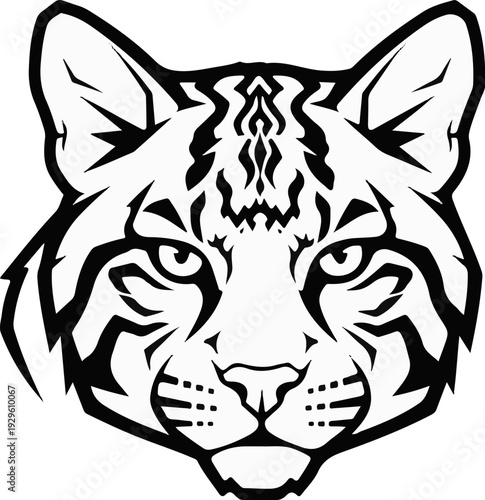 Stylized black and white bobcat face with fierce expression and distinctive ear tufts