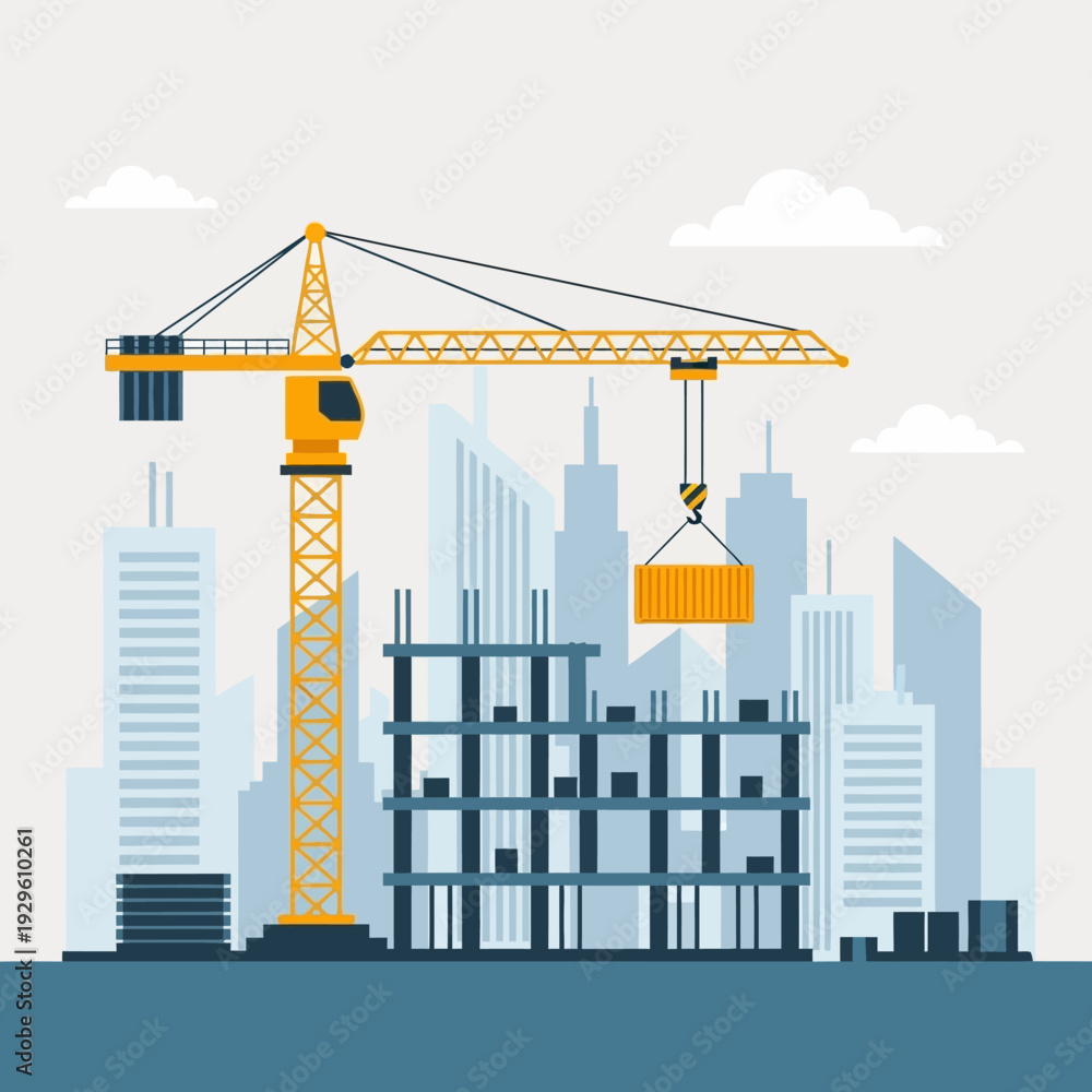 Obraz premium Construction Crane Lifting Container at Skyscraper Building Site