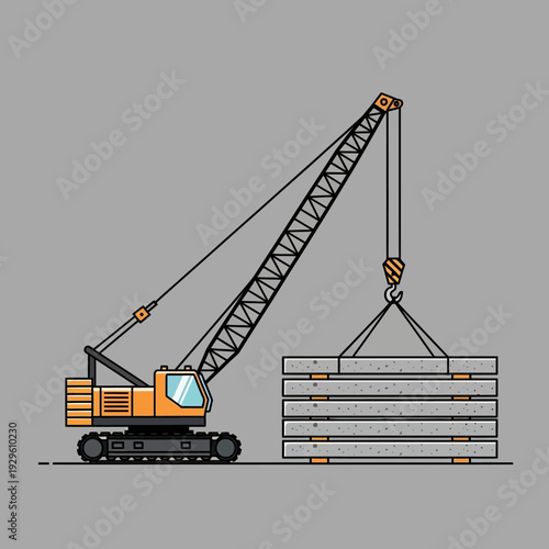 Construction Crane Lifting Concrete Slabs at Building Site