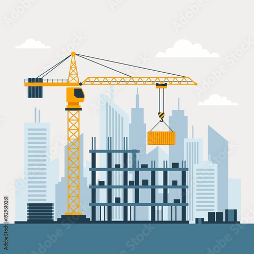 Construction Crane Lifting Container at Skyscraper Building Site