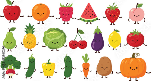 Mega Bundle of Cute Kawaii Fruit and Vegetable Characters with Happy Faces Including Broccoli Pumpkin Pineapple and Carrot Vector Illustration Isolated on White Background