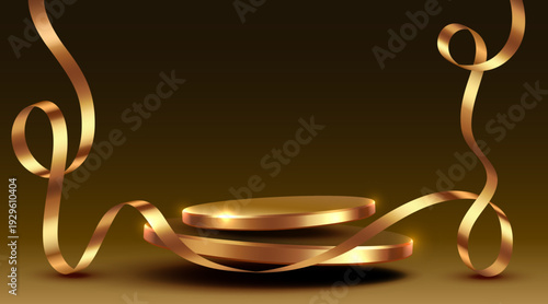 Golden podium with shimmering ribbons on a rich dark background.