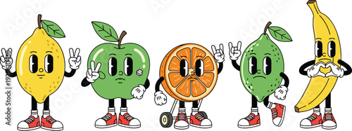 Retro cartoon fruit characters collection with lemon green apple orange lime and banana mascots wearing sneakers in vintage rubber hose animation style for stickers
