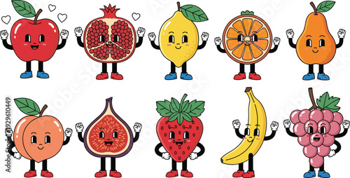 Retro vintage cartoon fruit character collection with apple pomegranate lemon orange pear peach fig strawberry banana and grape mascots for trendy streetwear sticker design