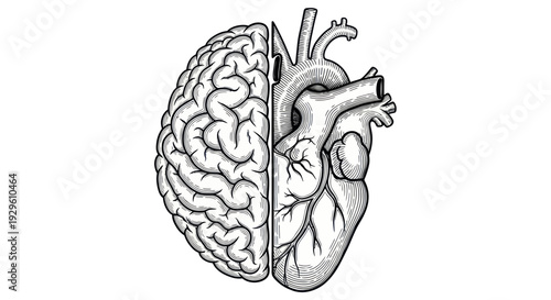 Human Brain and Heart Anatomy Illustration.