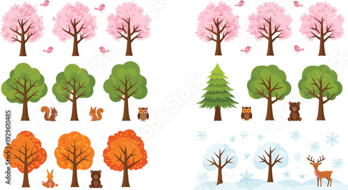 Seasonal Trees and Forest Animals Spring Summer Autumn Winter Vector Set