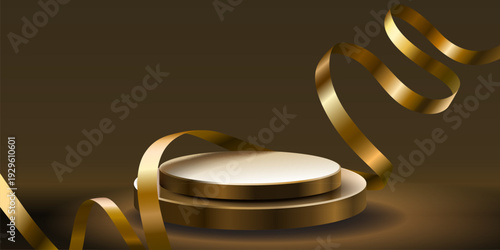 Elegant golden podium with flowing ribbon on a rich brown backdrop.