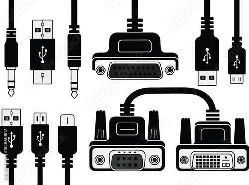 Collection of silhouette icons featuring various computer cables and audio connectors including USB VGA DVI and auxiliary plugs for technical hardware.