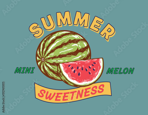 Summer fruit vector graphic design for poster. Watermelon sketch for t shirt print. Fresh and sweet melon artwork. Summer good vibes typography. Juicy