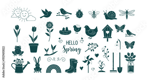 Hello Spring Nature Collection Cute Animals Flowers Garden Tools Elements Vector Design