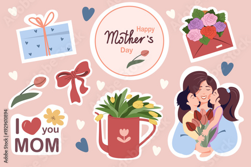 Mother's day sticker set with mother hugging children, tulip bouquets, gift box, and hearts. Collection for greeting cards.