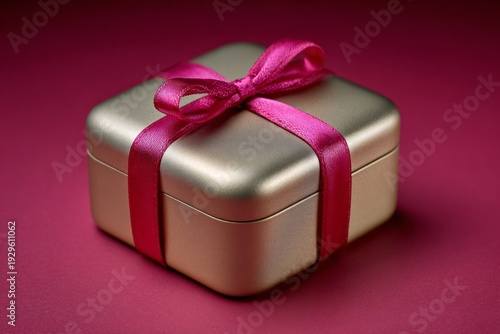 A gold box with a pink ribbon on top