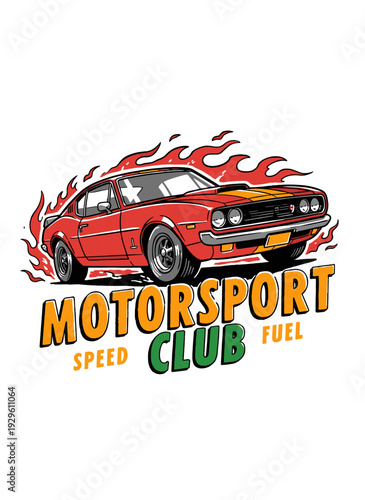 Sport car print design for t shirt. Classic muscle car artwork. Motorsport club graphic design. Hot rod vintage style. Speed racing poster design.