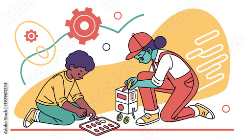 Woman and child building robot together in playful learning environment