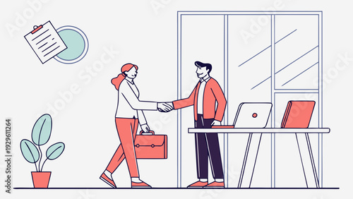 Business professionals shaking hands in modern office setting