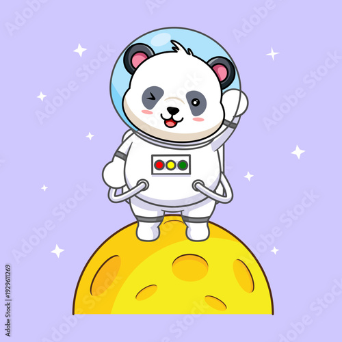 Cute Panda Astronaut Standin on the Moon Vector Illustration Cartoon Design Kawaii
