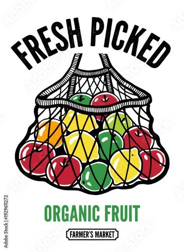 Fresh picked organic fruit artwork. Farmers market graphic design. Mesh bag with apples lemons oranges. Healthy food vector illustration. Produce grap