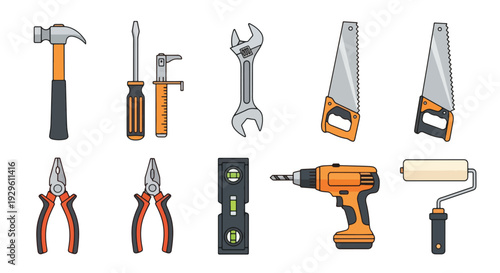 Set of Repair Tools Construction Equipment DIY Tools Vector.