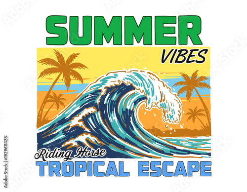 Summer good vibes graphic design for poster. Tropical escape artwork. Ocean wave illustration. Palm tree beach artwork. Holiday paradise vector design