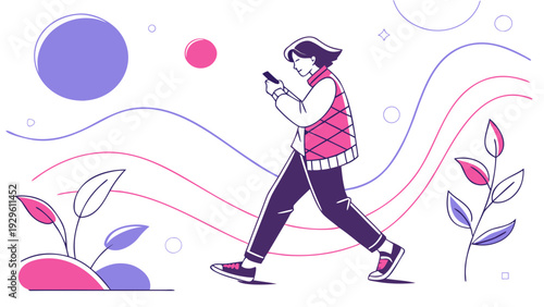 Woman walking and using smartphone in modern abstract environment