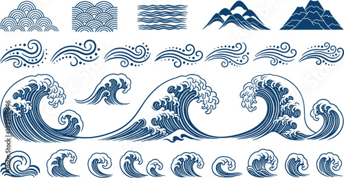 Japanese Style Ocean Waves and Mountains Traditional Vector Collection Set