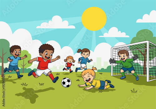 Exciting soccer game with kids on sunny day. Perfect for sports related blogs, school materials, and childrens activity promotions.
