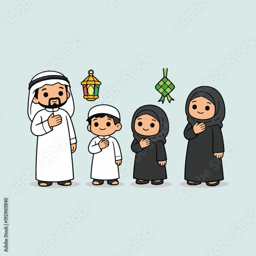 Muslim Family Greeting with Salam Gesture and Ramadan Lantern Ketupat Cartoon Illustration