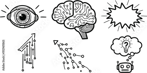 Conceptual icons representing artificial intelligence, innovation, and big ideas with a digital brain and eye.