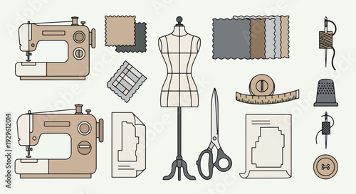 sewing tailor and fashion design elements set.