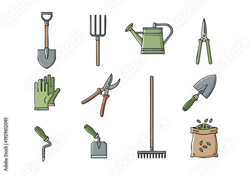 Collection of Garden Tools and Accessories for Planting and Maintenance
