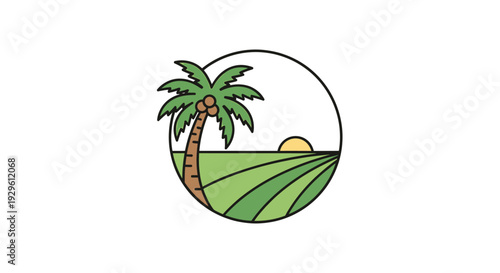 Colorful Palm Tree on a Green Field with Sun Rising in a Circle Frame on Isolated White Background, representing Tropical Agriculture and Relaxing Landscape