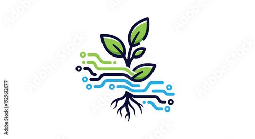 Smart Farming Plant with Roots and Circuit Board Lines Representing Agricultural Technology on Isolated White Background