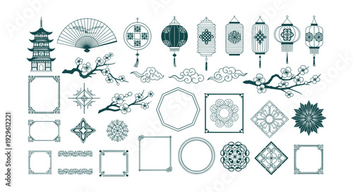 Elegant Chinese Japanese Traditional Decorative Elements Vector Icons Pagoda Lantern Fan Blossom Frames