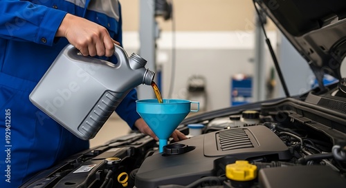 Mechanic pouring oil from a container into a car engine during a service check